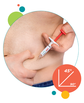 close-up of person injecting syringe into stomach with angle graphic